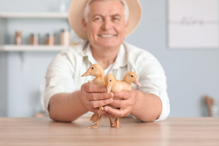 Senior farmer with cute ducklings at homeの写真素材