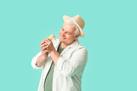 Senior farmer with cute duckling on color background