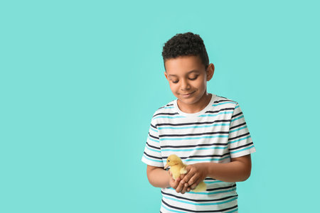 Little African-American boy with cute duckling on color backgroundの写真素材