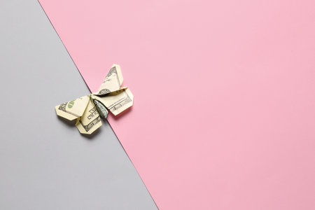 Origami butterfly made of dollar banknote on color backgroundの写真素材