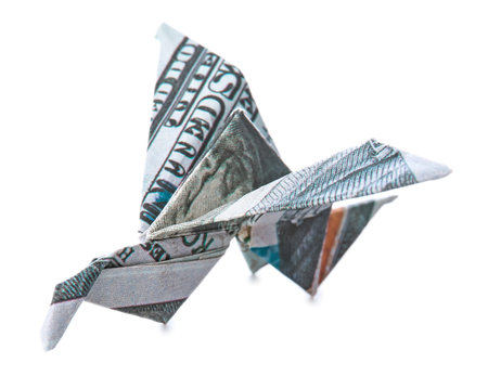 Origami bird made of dollar banknote on white backgroundの写真素材