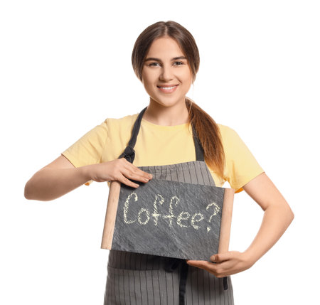 Female barista with chalkboard on white backgroundの写真素材