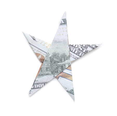 Origami star made of dollar banknote on white background