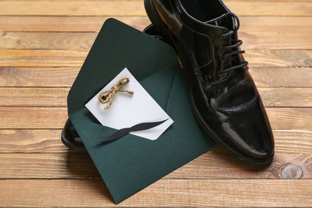Envelope with blank card, paper mustache and shoes on wooden background. father's day celebration