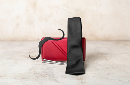 Gift with paper mustache and necktie on grunge background. father's day celebrationの写真素材
