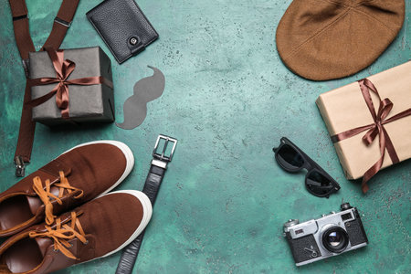 Composition with male accessories, photo camera and gifts for Father's Day celebration on color backgroundの写真素材