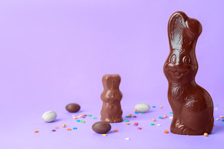 Chocolate Easter bunnies with eggs and sprinkles on purple backgroundの写真素材