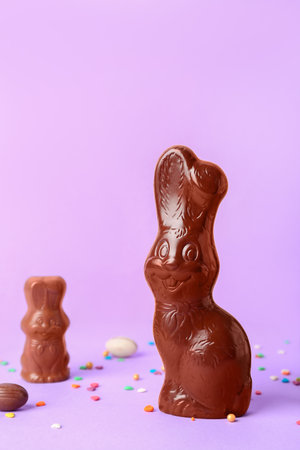 Chocolate Easter bunnies with eggs and sprinkles on purple backgroundの写真素材