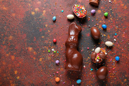 Chocolate Easter bunny with eggs and sprinkles on grunge backgroundの写真素材