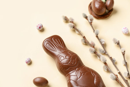Chocolate Easter bunny with eggs and willow branches on yellow background