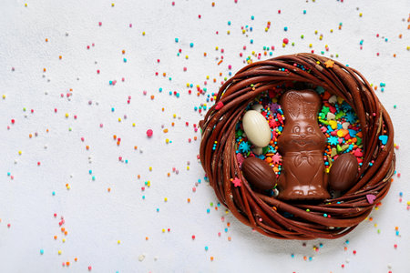 Wreath with chocolate Easter bunny, eggs and sprinkles on white backgroundの写真素材