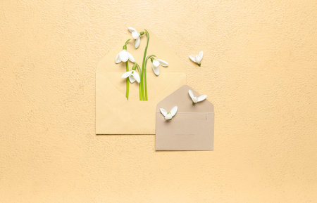 Beautiful snowdrops in envelopes on beige grunge background