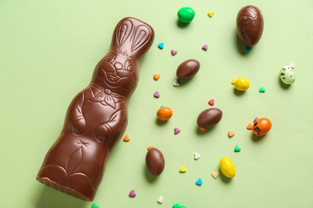 Chocolate Easter bunny with eggs and sprinkles on green backgroundの写真素材