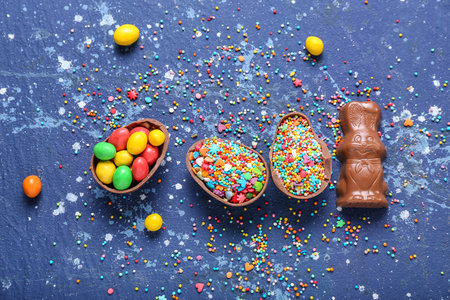 Chocolate Easter bunny with eggs and sprinkles on grunge backgroundの写真素材