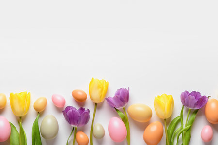 Composition with painted Easter eggs and tulip flowers on light background