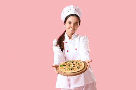 Female chef with tasty pizza on pink backgroundの写真素材