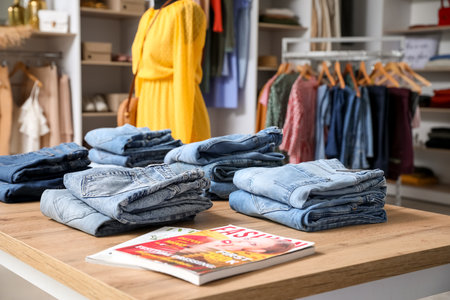 Table with stylish jeans pants in modern storeの写真素材