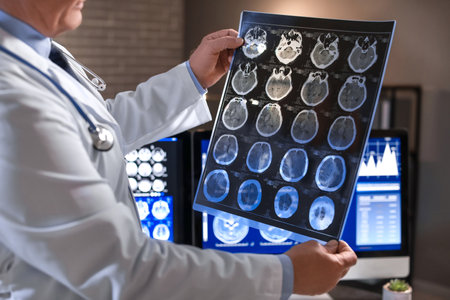 Senior neurologist with MRI scan of human head in clinicの写真素材