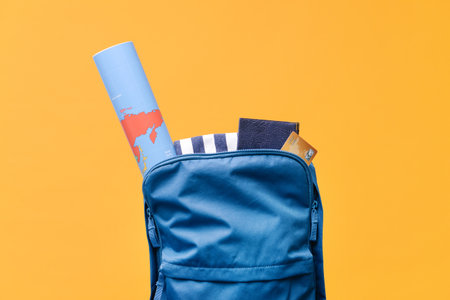 Set of travel accessories on color backgroundの写真素材