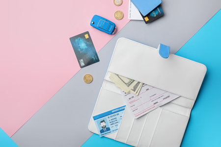 Travel organizer with different things on color backgroundの写真素材