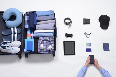 Set of travel accessories on white backgroundの写真素材