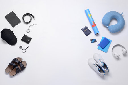 Set of travel accessories on white backgroundの写真素材