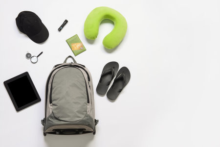 Set of travel accessories on white backgroundの写真素材