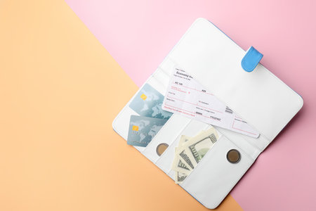 Travel organizer with different things on color backgroundの写真素材