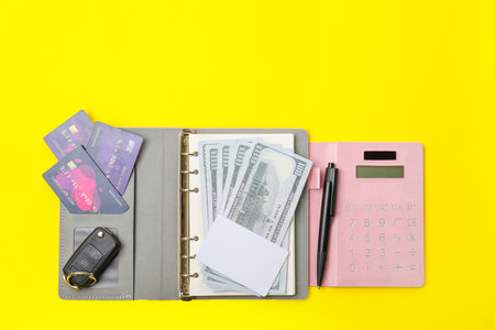 Travel organizer with different things on color backgroundの写真素材