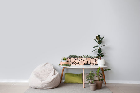 Interior of modern room with table and beanbagの写真素材