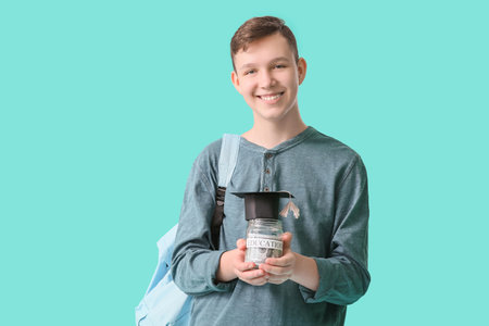 Teenage boy with savings for education on color backgroundの写真素材