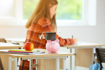 Piggy bank with savings for education in classroomの写真素材