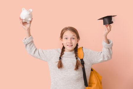 Happy girl with savings for education on color backgroundの写真素材