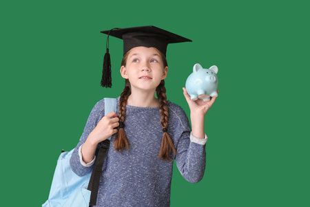 Girl with savings for education on color backgroundの写真素材