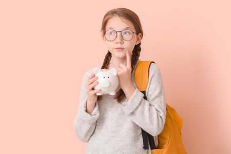 Thoughtful girl with savings for education on color backgroundの写真素材