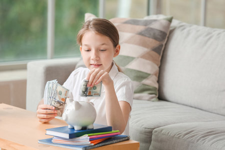 Girl with savings for education at homeの写真素材
