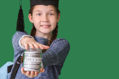 Girl with savings for education on color backgroundの写真素材
