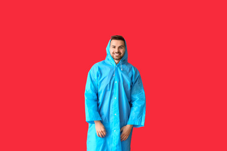 Young man in raincoat on color backgroundの写真素材