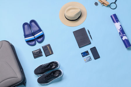 Set of travel accessories on color backgroundの写真素材