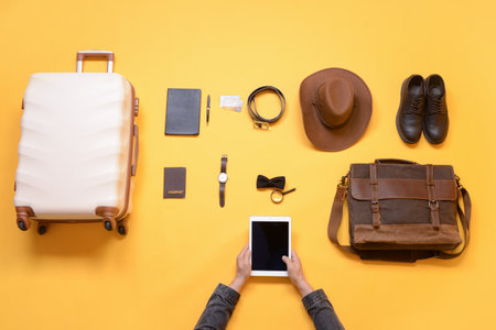 Set of travel accessories on color backgroundの写真素材