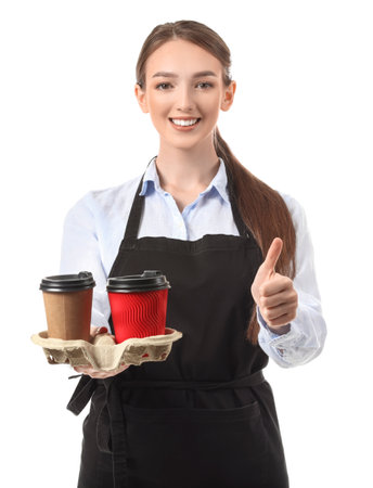 Young female barista on white backgroundの写真素材