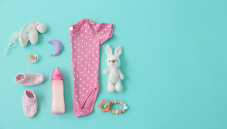 Set of baby accessories on color backgroundの写真素材