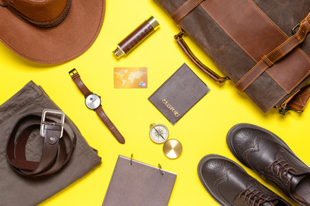 Set of travel accessories for men on color backgroundの写真素材