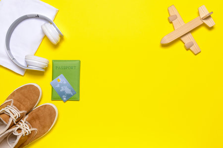Set of travel accessories for men on color backgroundの写真素材