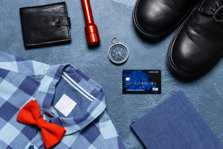 Set of travel accessories for men on color backgroundの写真素材