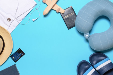 Set of travel accessories for men on color backgroundの写真素材