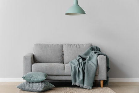 Cozy sofa with cushions and plaid near gray wallの写真素材