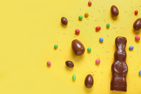 Chocolate Easter bunny with eggs and sprinkles on yellow background