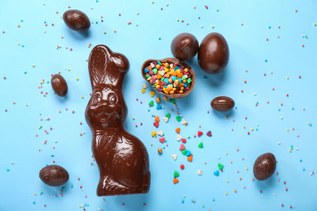 Chocolate Easter bunny with eggs and sprinkles on blue backgroundの写真素材