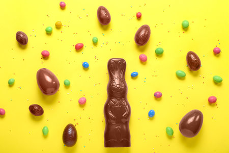 Chocolate Easter bunny with eggs and sprinkles on yellow backgroundの写真素材